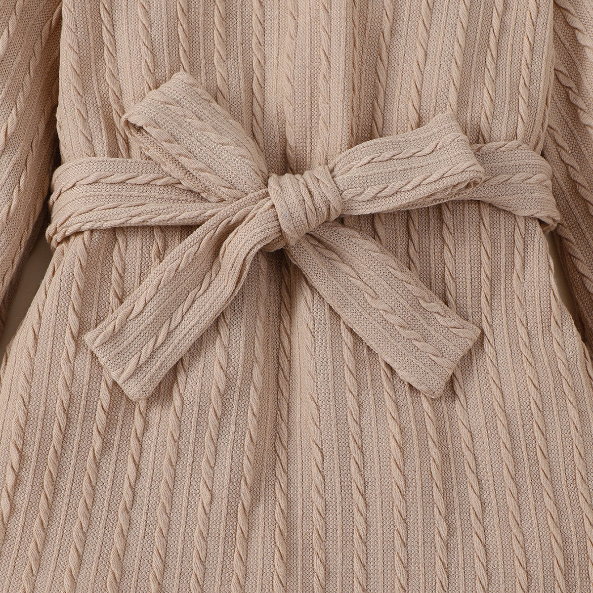 Girls Light Brown Textured Full Sleeves Dress with Matching Belt Casual Dresses