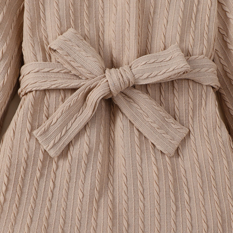 Girls Light Brown Textured Full Sleeves Dress with Matching Belt Casual Dresses