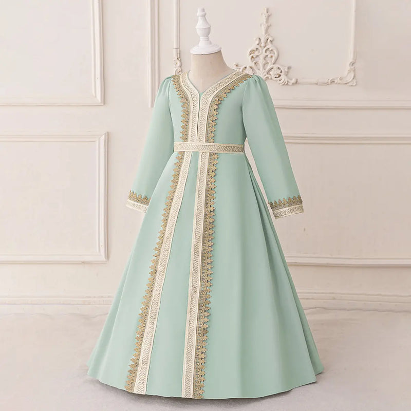 Girls Mint Green Long Sleeves Embroidered Maxi Dress Casual Dresses