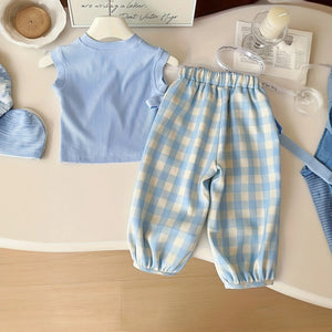 Girls Light Blue Sleeveless Top With Checked Pants & Shoulder Bag Sets Sets