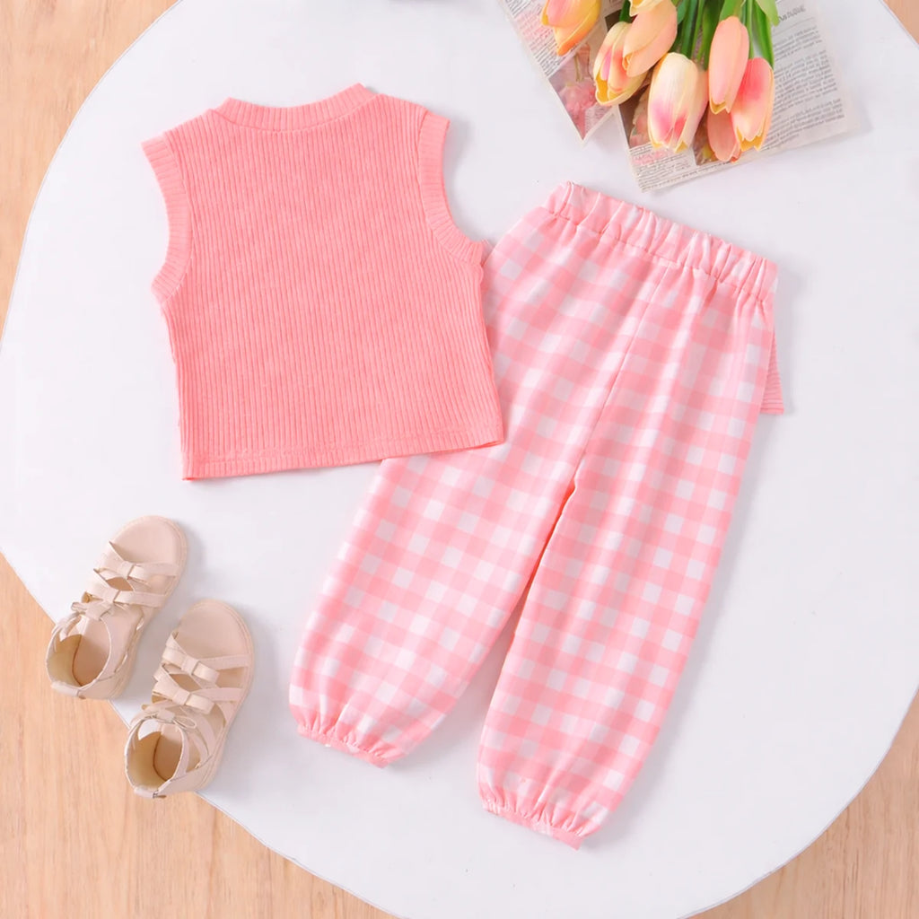 Girls Peach Ribbed Tank Top with Bow Applique Pants Sets 2 pc. Sets