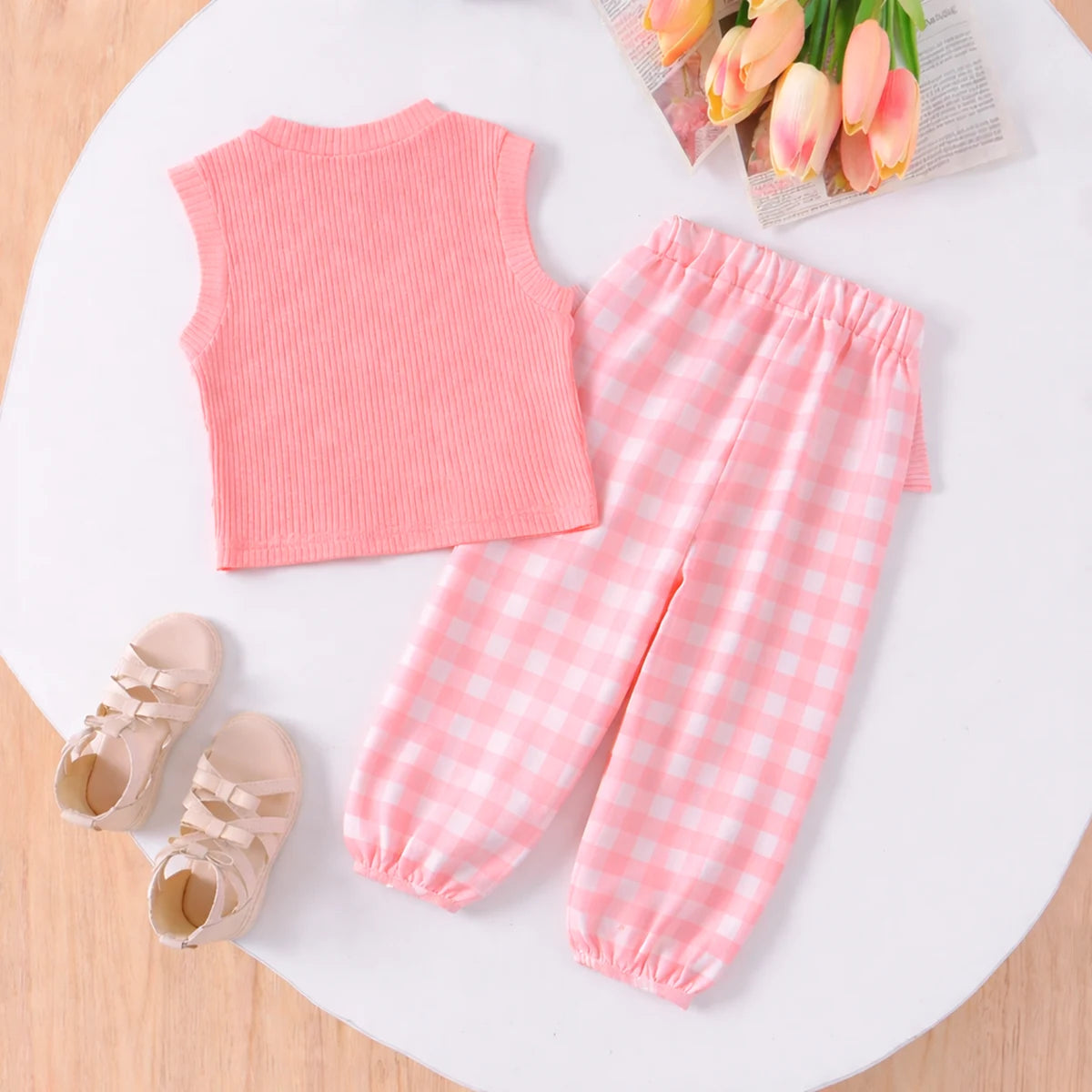 Girls Peach Ribbed Tank Top with Bow Applique Pants Sets 2 pc. Sets