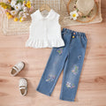 Girls White Sleeveless Ruffled Top With Embroidered Denim Pants Set Sets White 3-4 Y