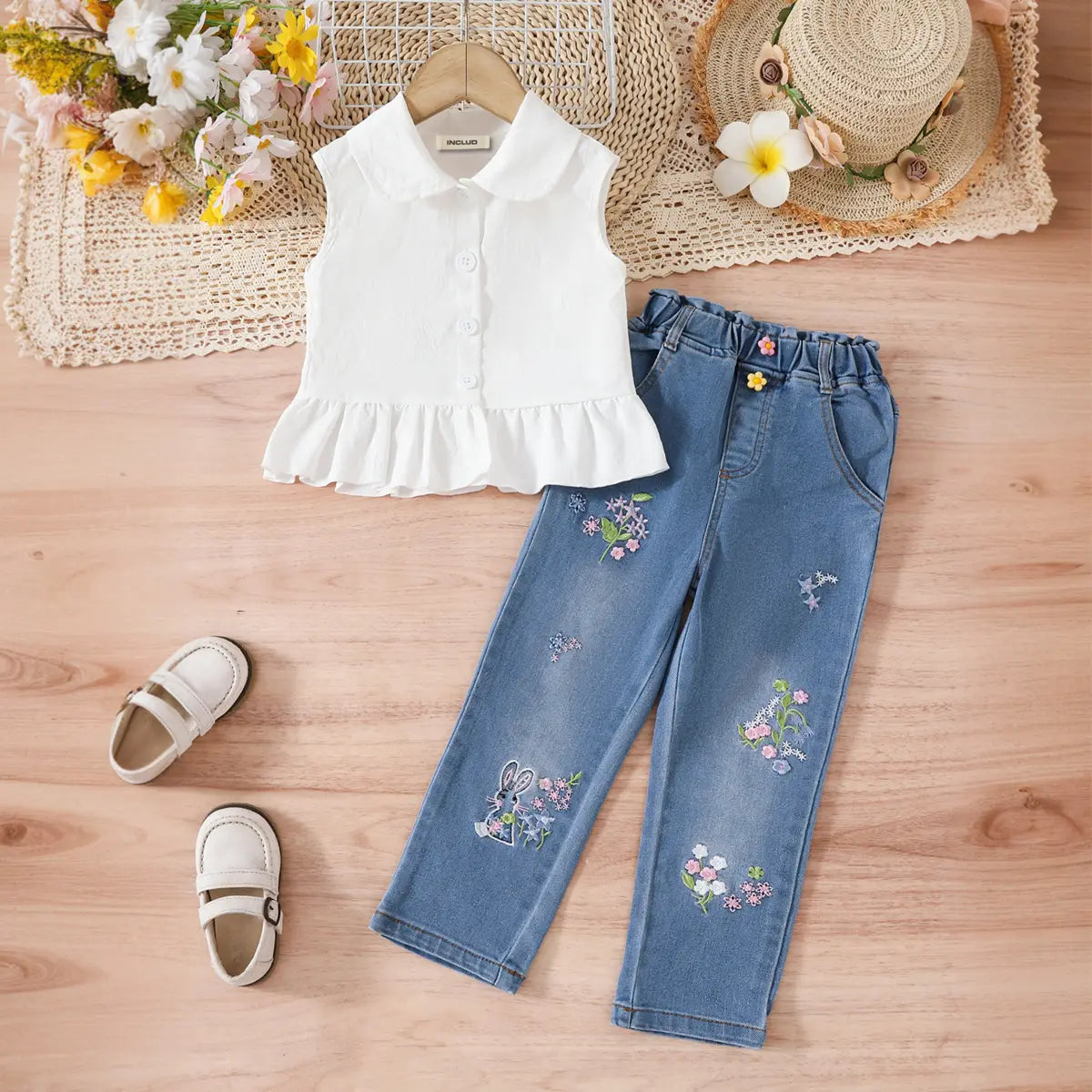 Girls White Sleeveless Ruffled Top With Embroidered Denim Pants Set Sets White 3-4 Y