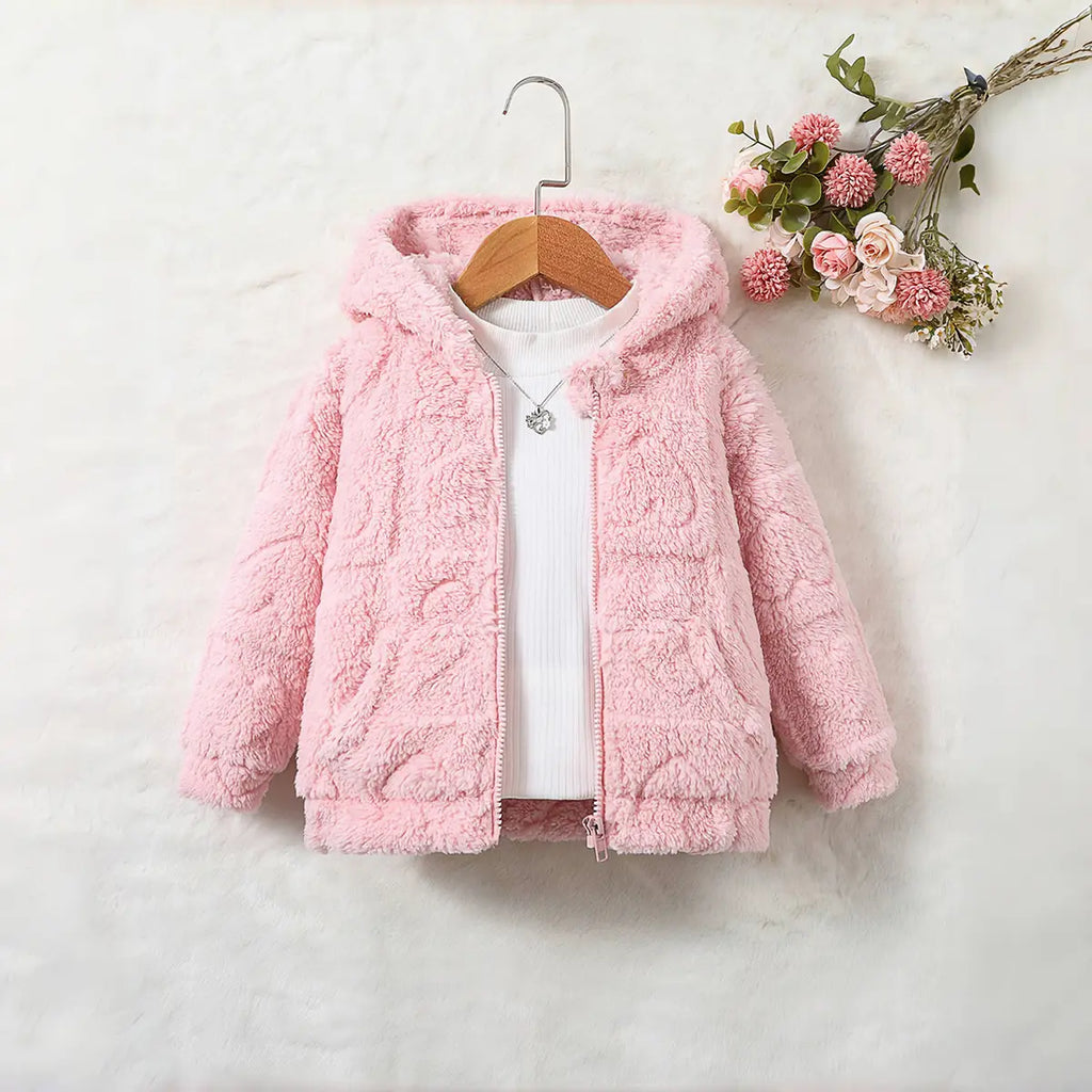 Girls Pink Fleece Hooded Zipper Jacket With Self-Design Heart Patterns Coats & Jackets Pink 3-4 Y