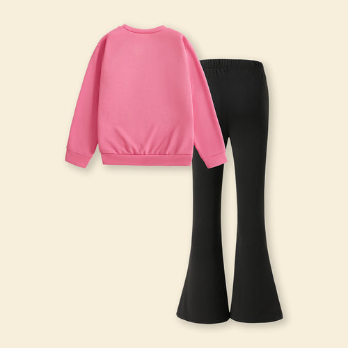 Girls Pink Typographic Sweatshirt With Flared Pants Sets 2 pc. Sets