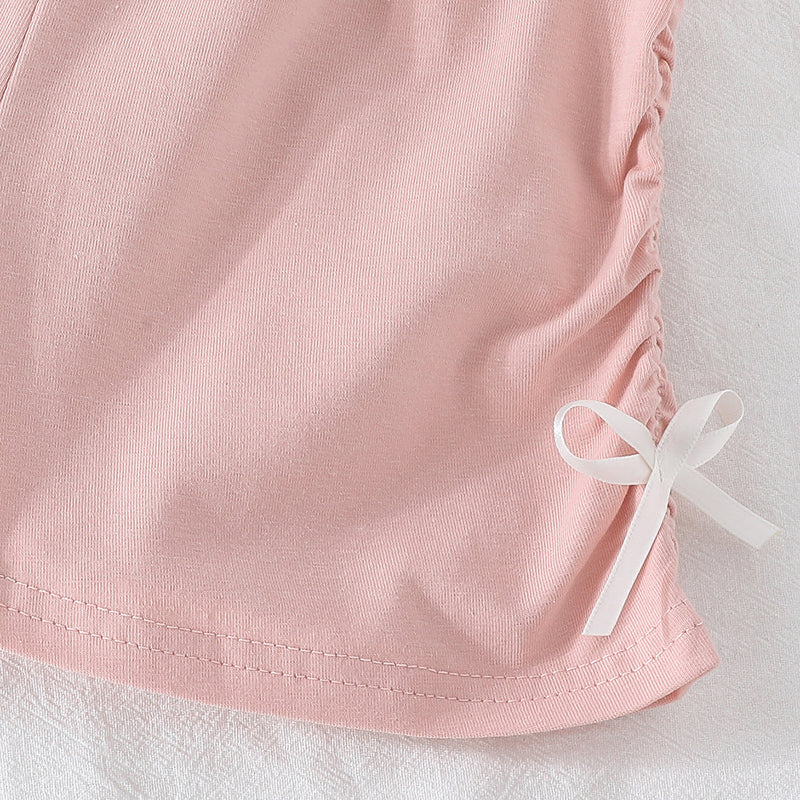 Girls Pink Bow Appliqued Short Sleeves Top With Shorts Set 2 pc. Sets