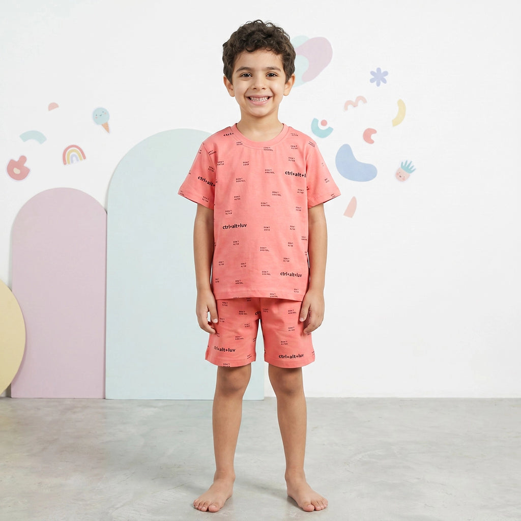 Boys Peach Typographic Short Sleeve T-Shirt With Elasticated Shorts Sets Sets Peach 6-9 M