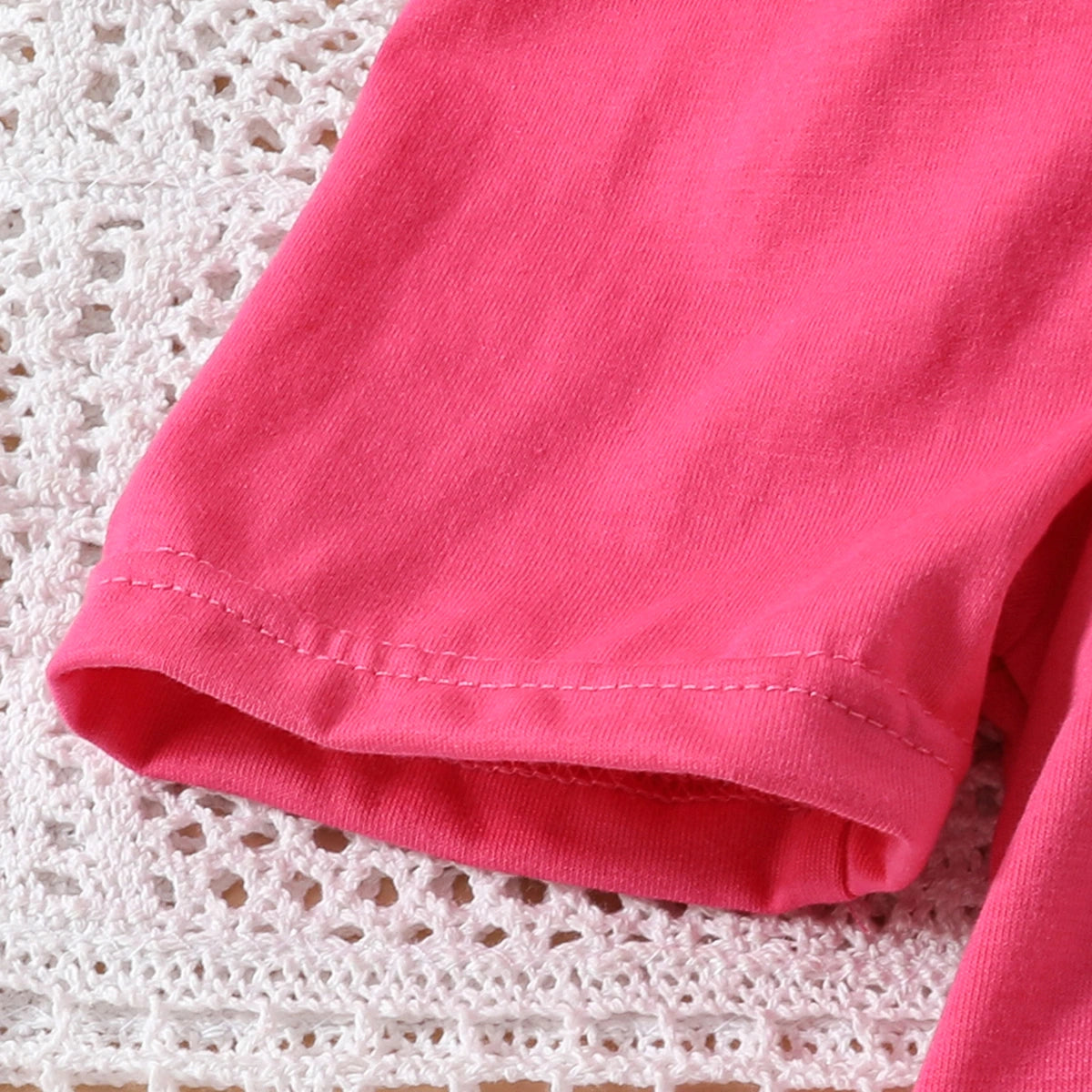 Girls Fuchsia Short Sleeves Top With Bow Embroidered Denim Pants Set Sets