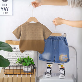 Boys Light Brown Letter G Printed T-Shirt With Denim Shorts Set Sets