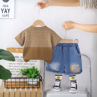 Boys Light Brown Letter G Printed T-Shirt With Denim Shorts Set Sets