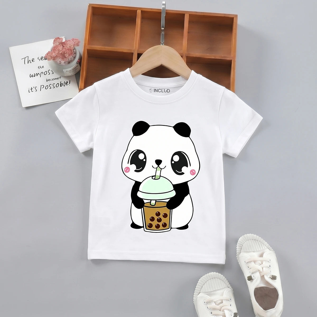 Girls White Panda Print Short Sleeve T-Shirt Tshirts White 1-2 Y