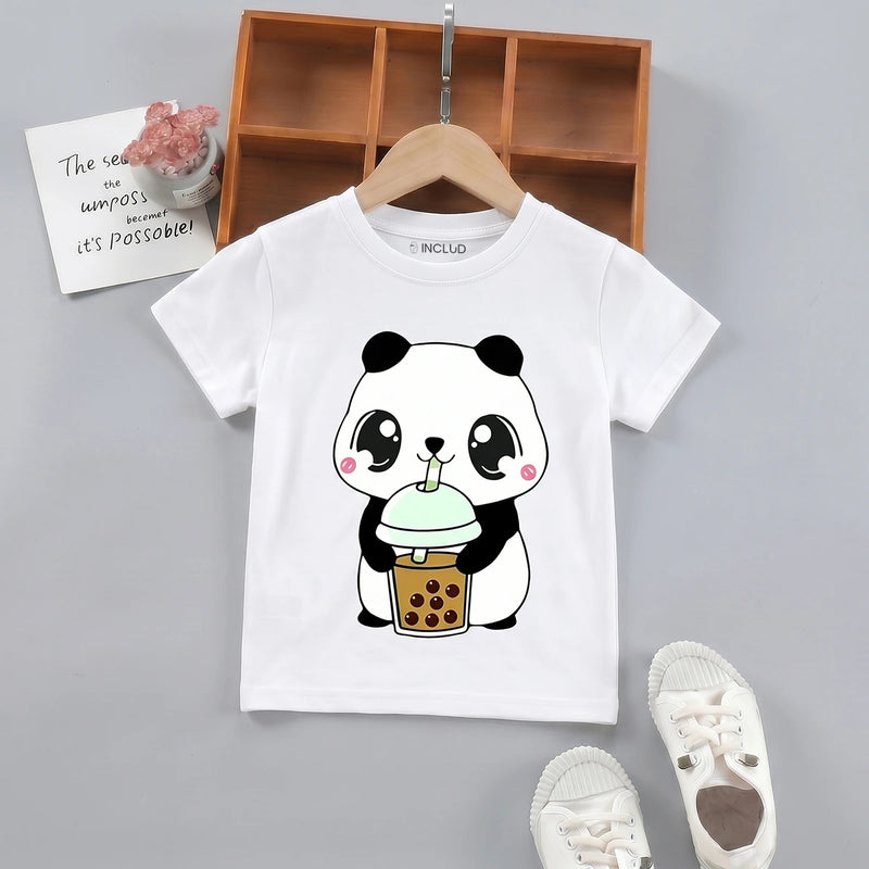 Girls White Panda Print Short Sleeve T-Shirt Tshirts White 1-2 Y