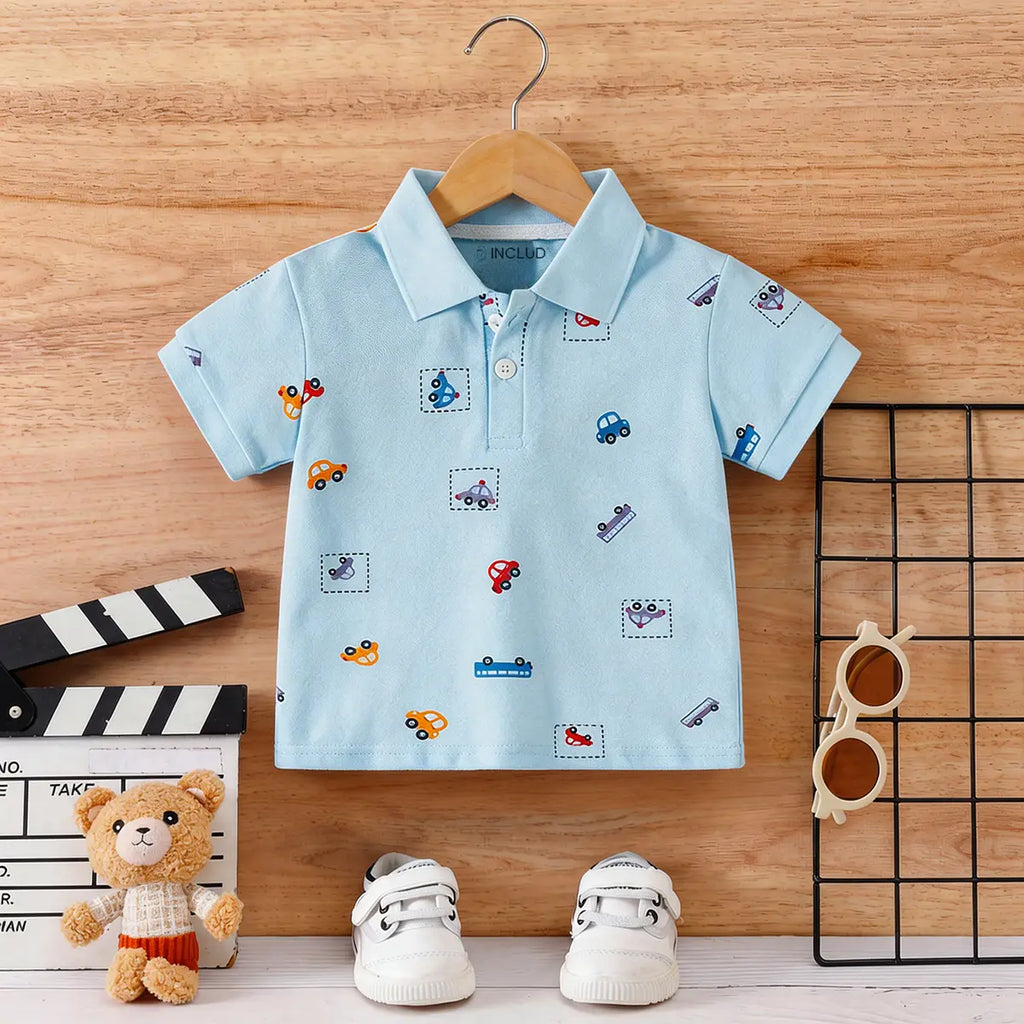 Boys Sky Blue Short Sleeve Car Printed Polo T-Shirt Tshirts Sky Blue 1-2 Y