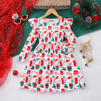 Girls White Christmas-themed Printed Fit & Flare Dress Casual Dresses White 3-4 Y