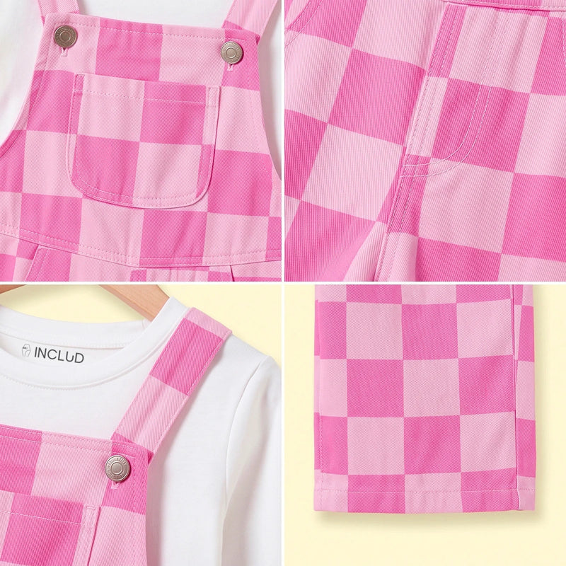 Girls White T-Shirt With Checked Dungaree Sets Sets