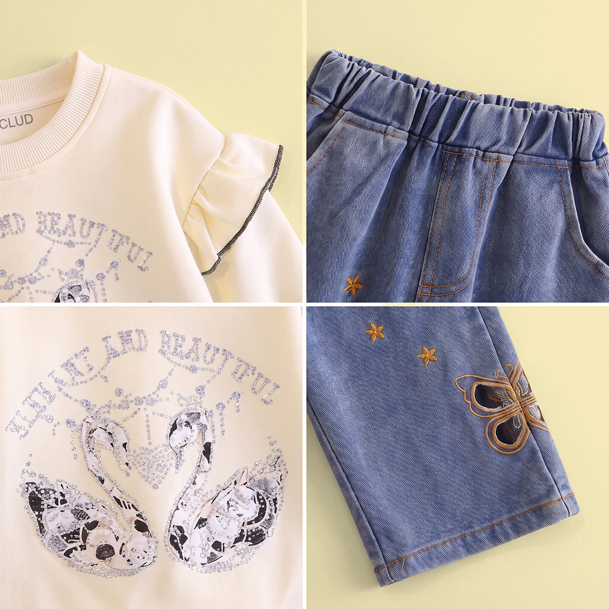Girls Off White Graphic Ruffled Sweatshirt & Denim Pants Sets Sets