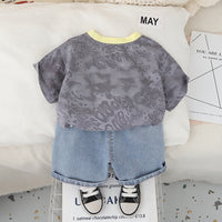 Boys Dark Grey Abstract Printed Short Sleeves T-Shirt With Denim Shorts Set 2 pc. Sets