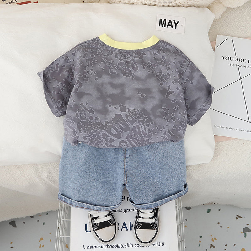Boys Dark Grey Abstract Printed Short Sleeves T-Shirt With Denim Shorts Set 2 pc. Sets
