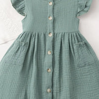 Girls Green Textured Button-Down A-line Dress With Flutter Sleeves Casual Dresses