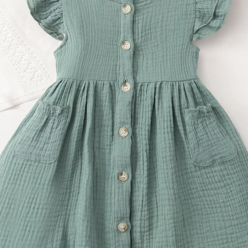 Girls Green Textured Button-Down A-line Dress With Flutter Sleeves Casual Dresses