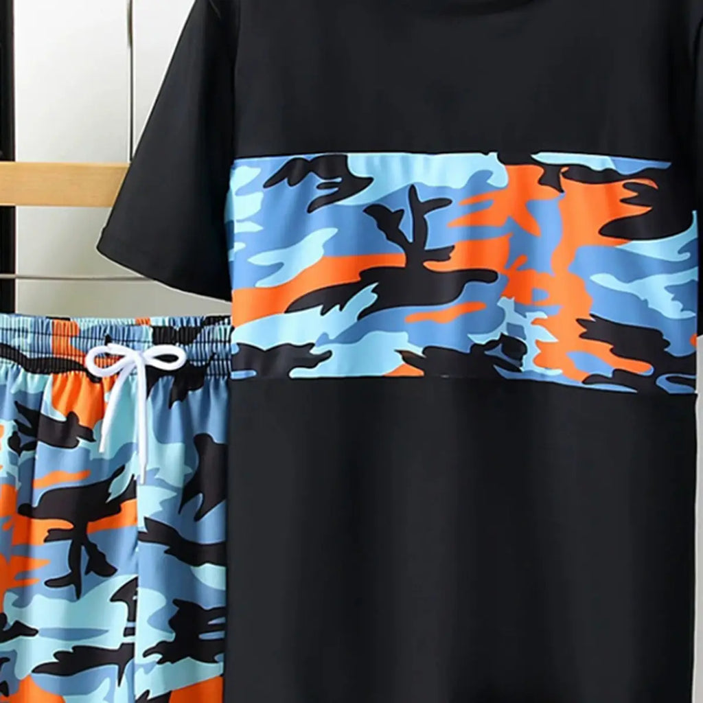 Boys Black Camouflage Printed Short Sleeves T-Shirt & Shorts Swimsuit Sets Sets