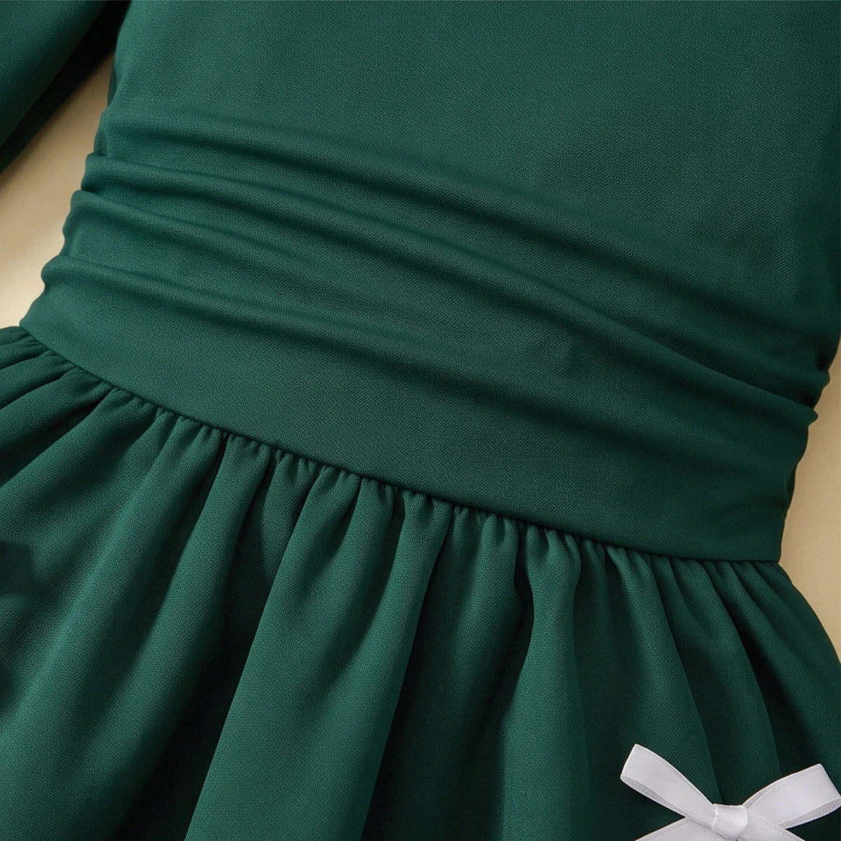 Girls Dark Green Bow Applique Balloon Dress Casual Dresses