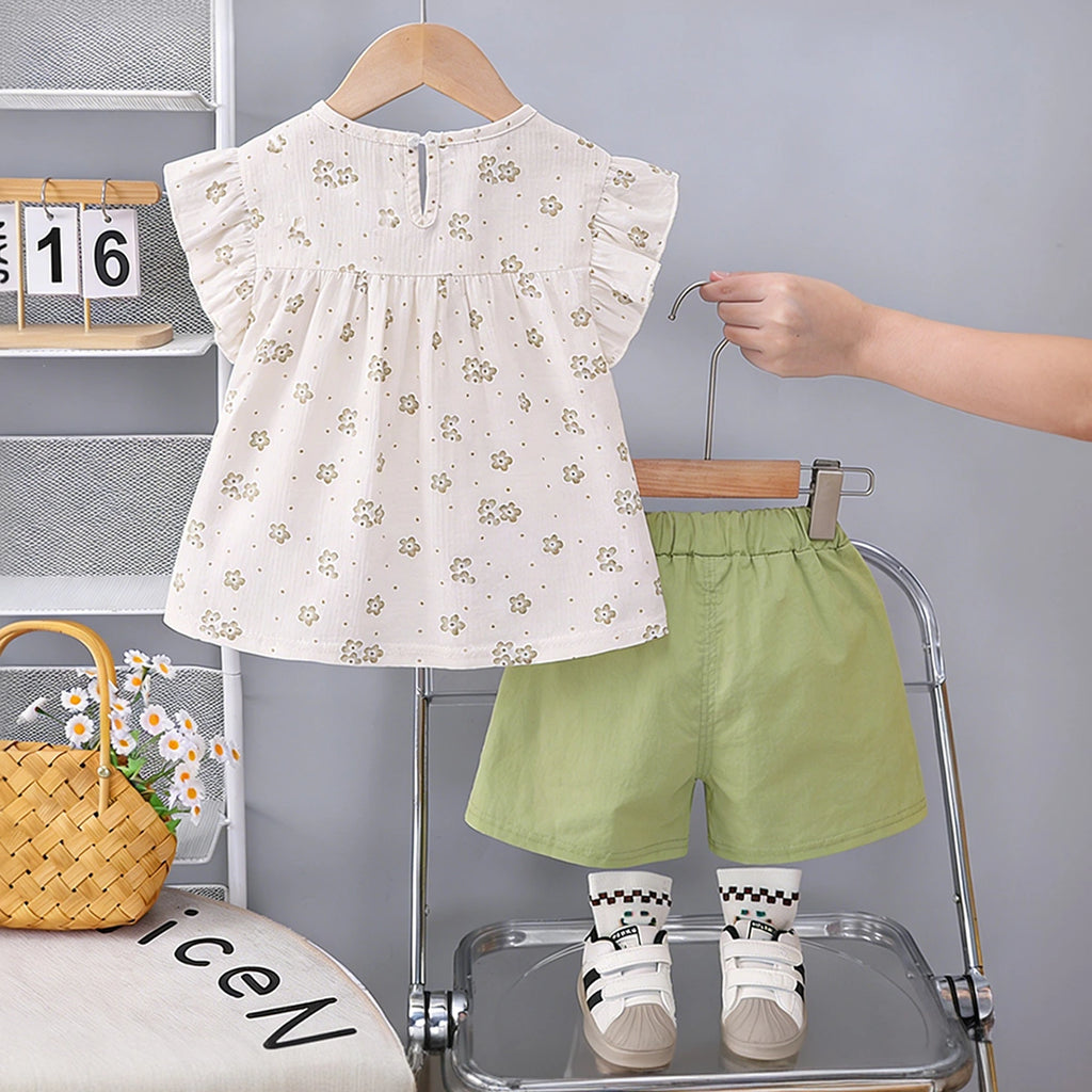 Girls Green Floral Print Bow Applique Top With Shorts Set Sets