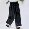 Girls Black Elasticated Wait-band Straight Fit Cargo Trousers Cargo Pants