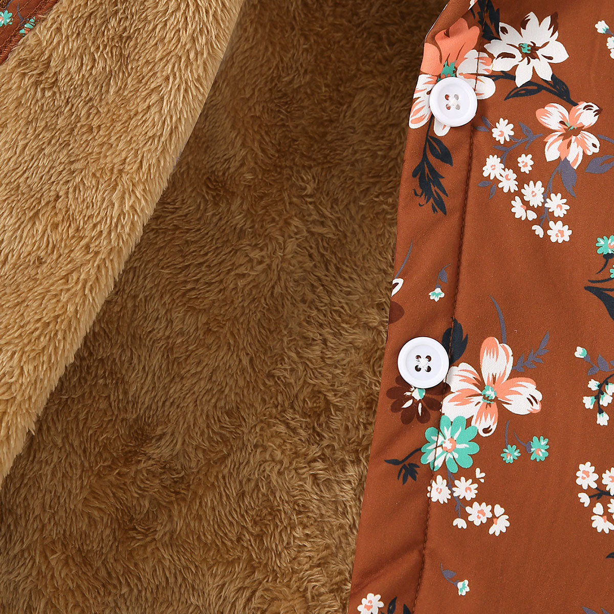Girls Brown Floral Printed Hooded Front Open Winter Jacket Coats & Jackets
