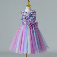 Girls Lavender Floral Applique Fit & Flare Party Wear Dress With Sequin Bow Party Dresses Lavender 3-4 Y