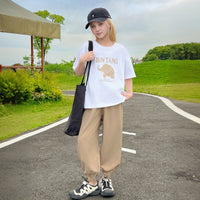 Girls Khaki Elephant Printed Summer T-Shirt With Jogger Set 2 pc. Sets Khaki 5-6 Y