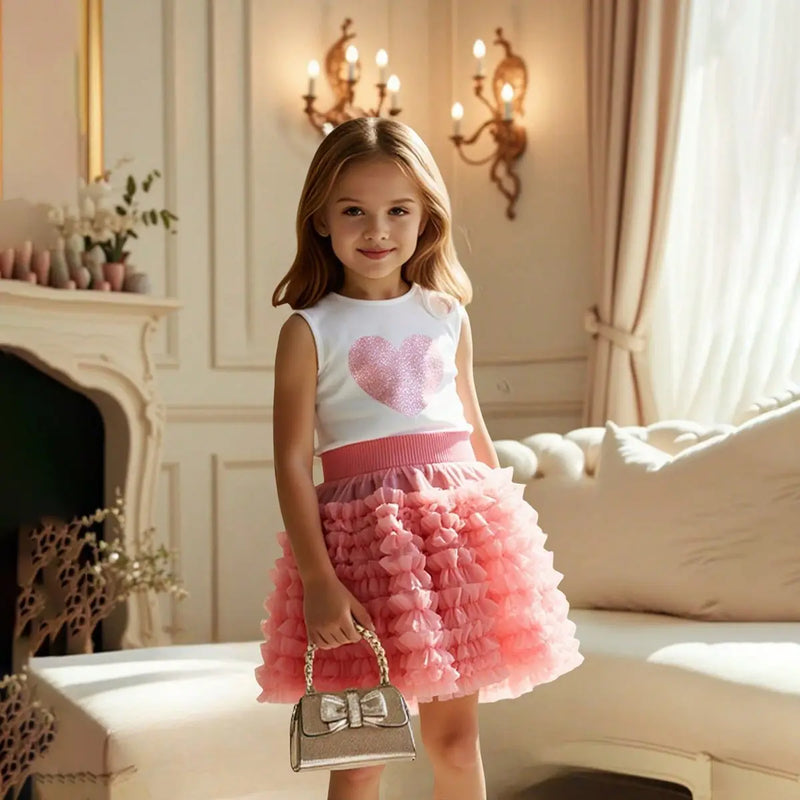 Girls White Heart Print Sleeveless Top With Ruffled Tulle Skirt Sets Sets