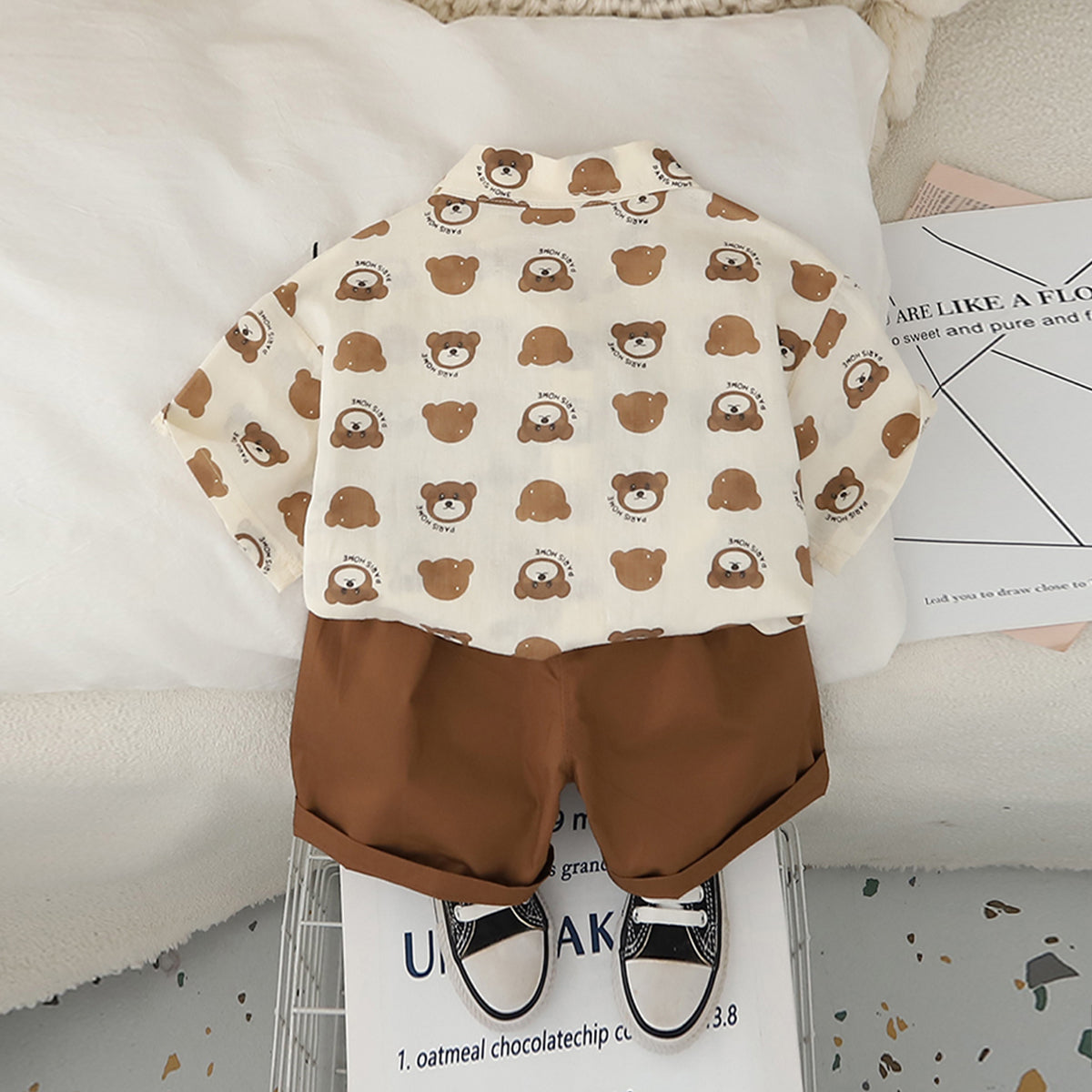 Boys Brown Printed Short Sleeves Contrast Flap Shirt With Brown Shorts Set 2 pc. Sets
