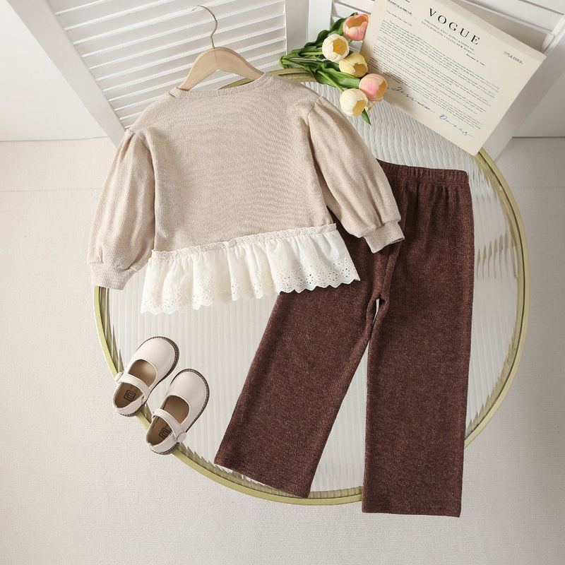 Girls Beige Lace Inserted Top With Pants Sets 2 pc. Sets