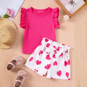 Girls Fuchsia Solid Sleeveless Top With Heart Print Shorts Set Sets Fuchsia 1-2 Y