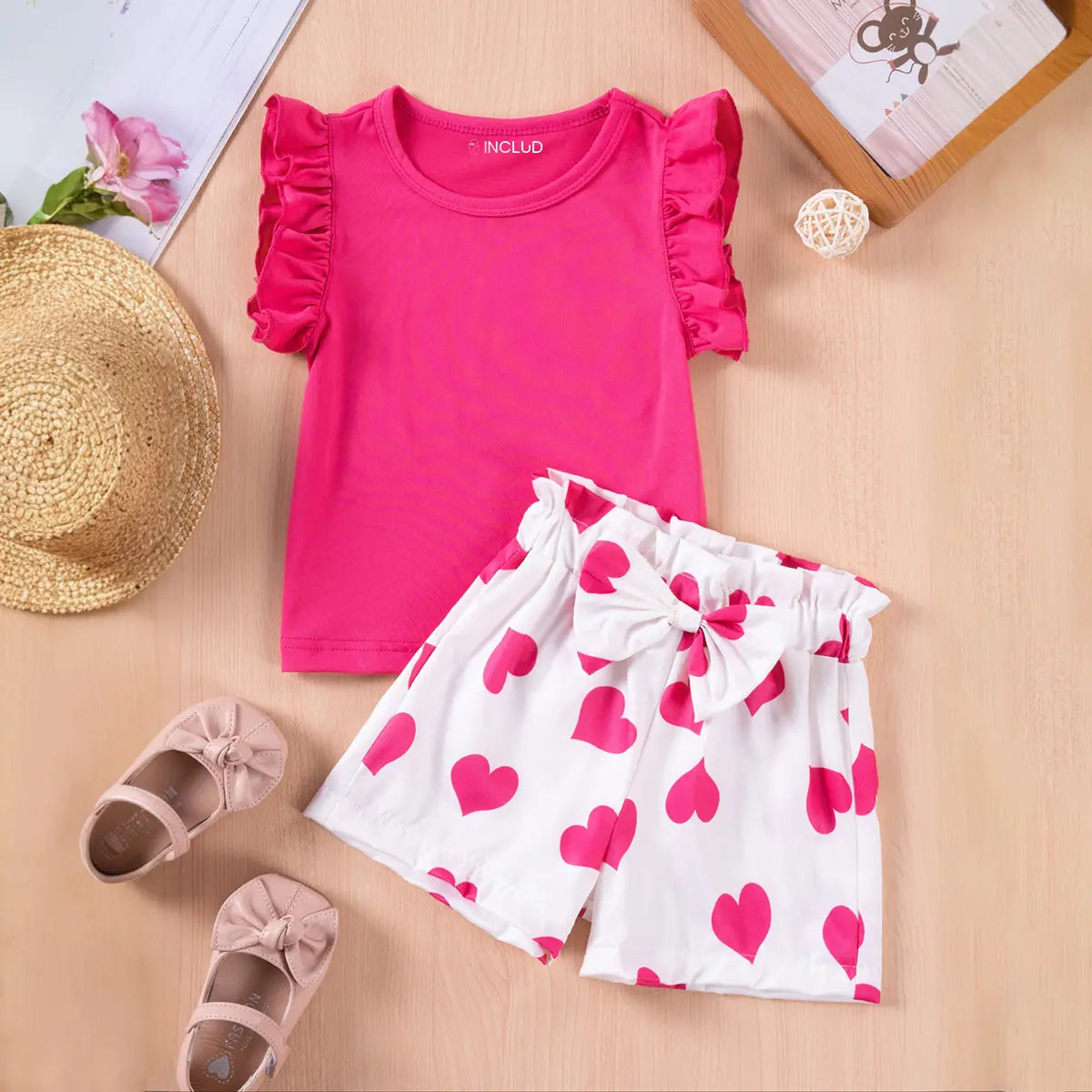 Girls Fuchsia Solid Sleeveless Top With Heart Print Shorts Set Sets Fuchsia 1-2 Y