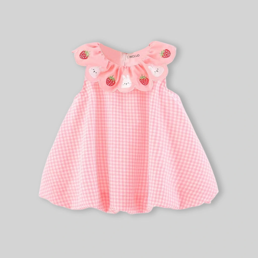 Girls Pink Checked Embroidered Ruffle Collar Sleeveless A-line Dress Casual Dresses