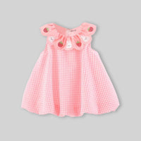 Girls Pink Checked Embroidered Ruffle Collar Sleeveless A-line Dress Casual Dresses
