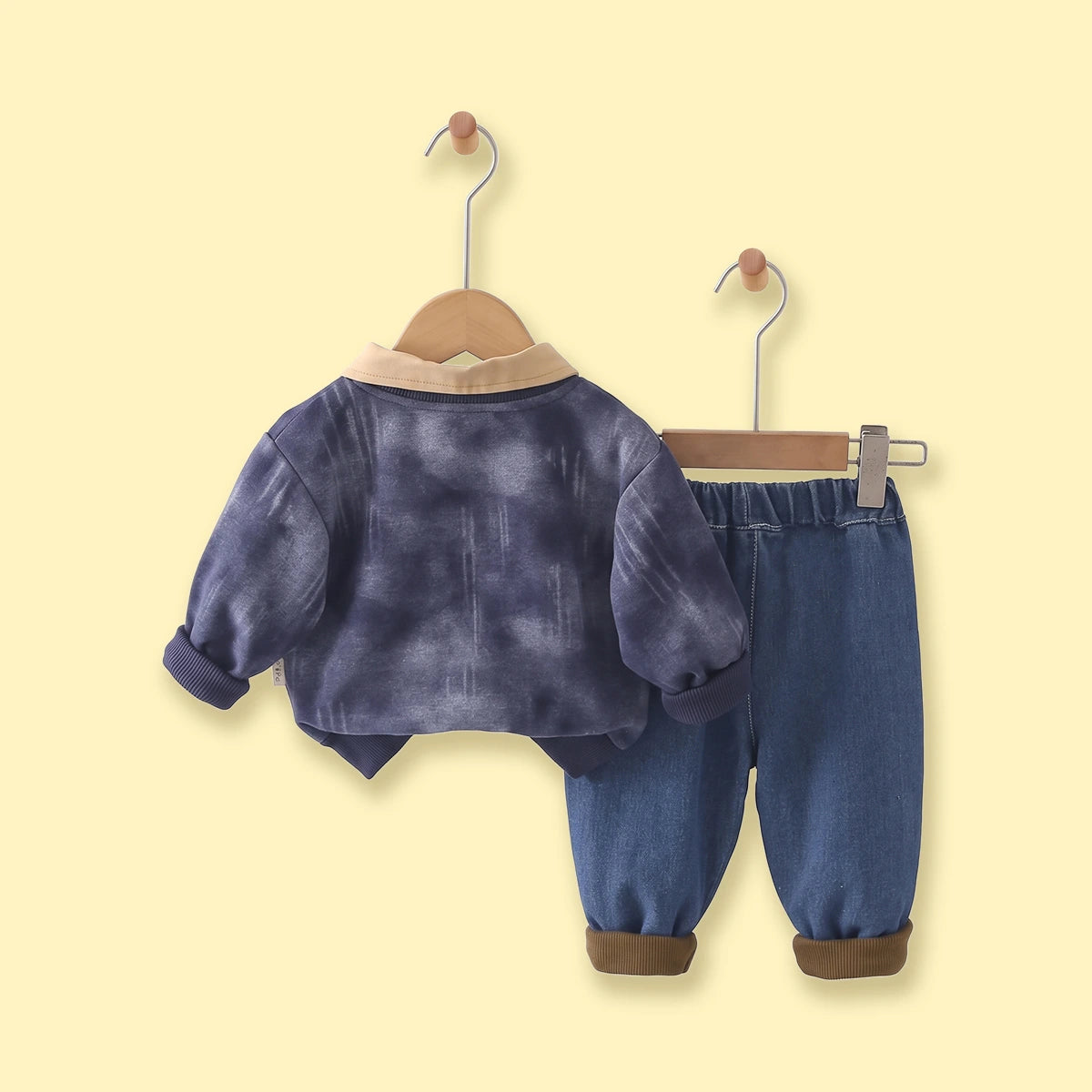 Boys Navy Blue Abstract Print Sweatshirt With Denim Pants Sets Sets