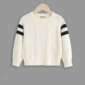 Boys Off White Self Striped Pattern Raglan Sleeves Sweater Sweaters & Cardigans