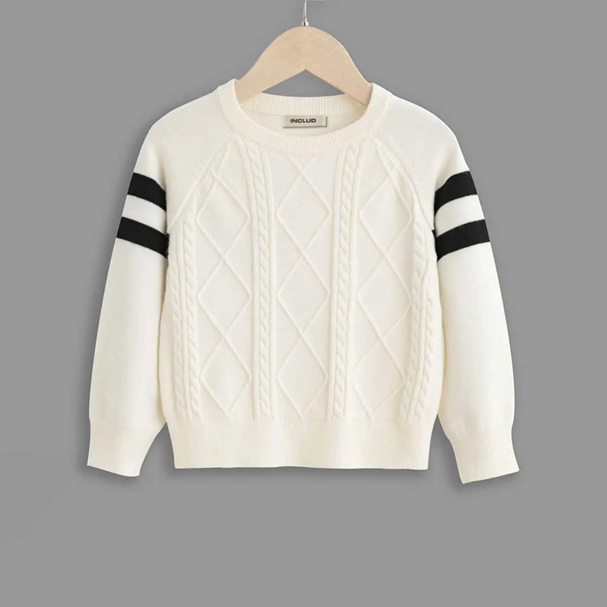 Boys Off White Self Striped Pattern Raglan Sleeves Sweater Sweaters & Cardigans
