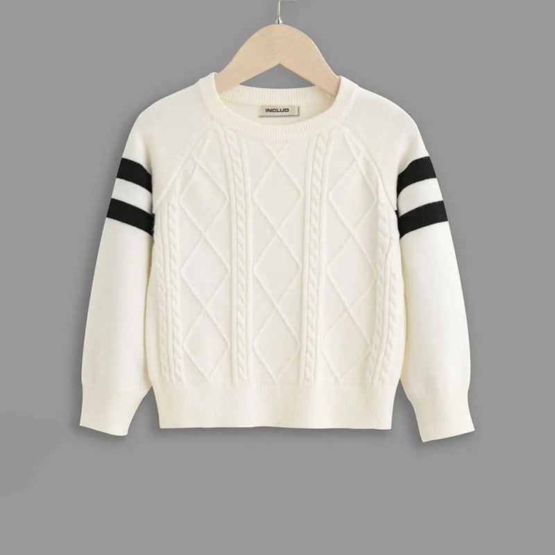 Boys Off White Self Striped Pattern Raglan Sleeves Sweater Sweaters & Cardigans