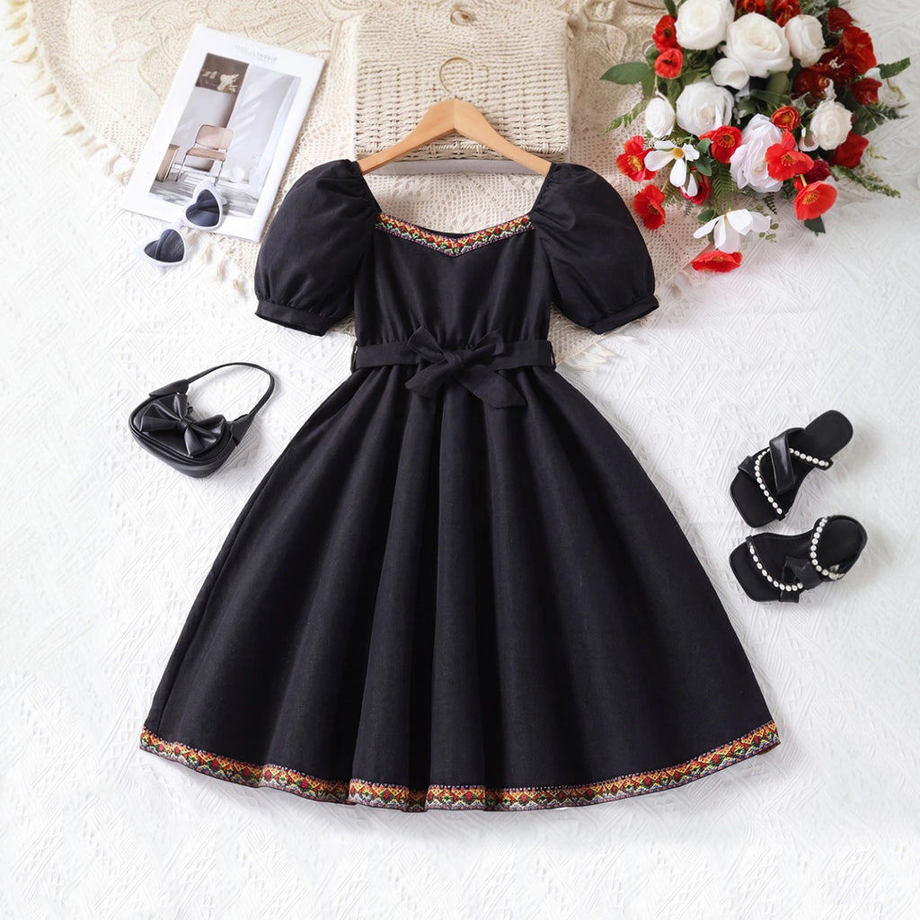 Girls Black Puff Sleeve Fit & Flare Dress With Lace Detail Casual Dresses Black 7-8 Y
