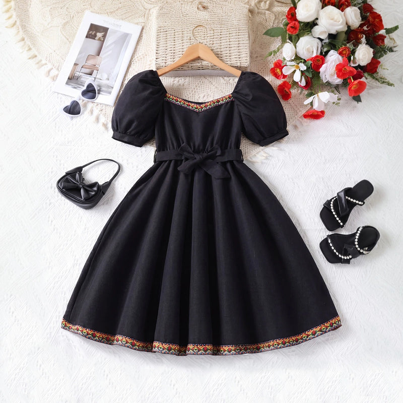 Girls Black Puff Sleeve Fit & Flare Dress With Lace Detail Casual Dresses Black 7-8 Y