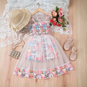 Girls Multicolor Cat Print Smocked Fit & Flare Dress Casual Dresses Multicolor 3-4 Y