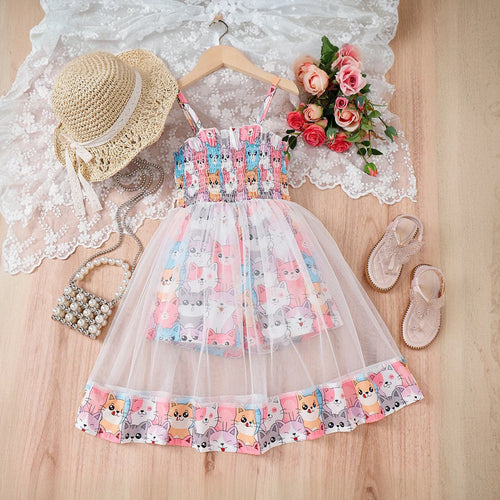 Girls Multicolor Cat Print Smocked Fit & Flare Dress Casual Dresses Multicolor 3-4 Y