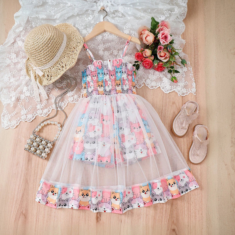 Girls Multicolor Cat Print Smocked Fit & Flare Dress Casual Dresses Multicolor 3-4 Y