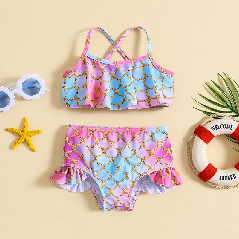 Girls Pink Abstract Printed top With Briefs Swimwear Sets Sets Pink 1-2 Y