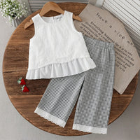 Girls White Self-Design Peplum Top With Checkered Pants Sets 2 pc. Sets White 1-2 Y